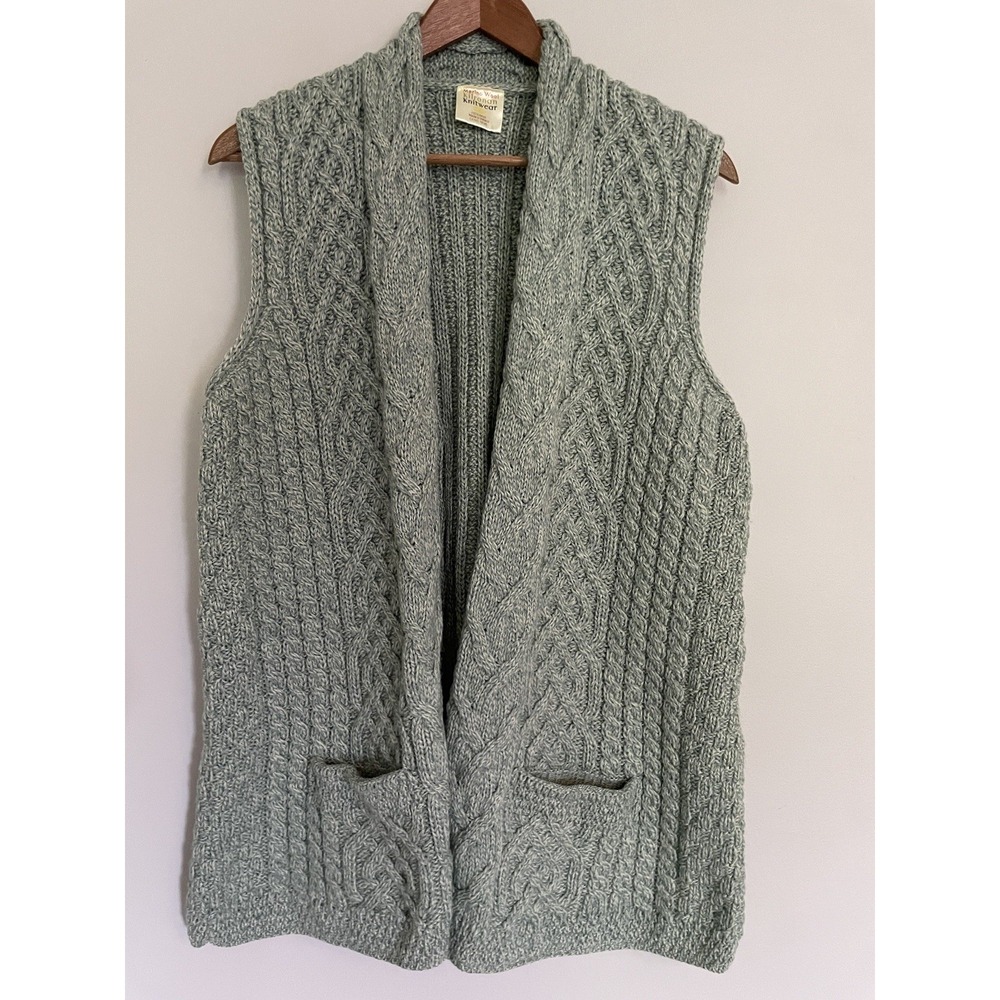 Kilronan Wool Sleeveless Cable Knit Fisherman Style Sage Sweatervest. Large. - Picture 2 of 9
